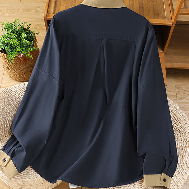Buddha Stones Lässiges, minimalistisches Langarmshirt für Damen mit Kontrastbesatz und aufgesetzter Tasche – ideal für den Sommer. - image 1