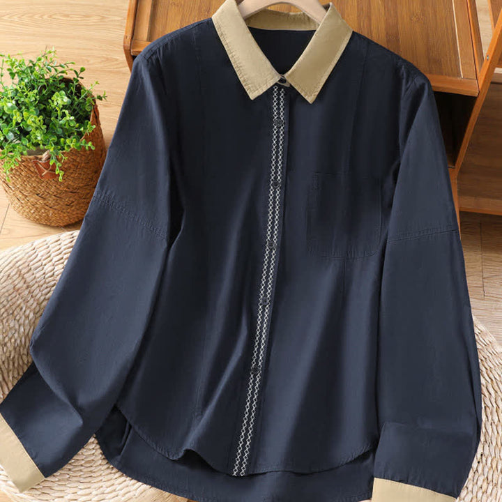 Buddha Stones Lässiges, minimalistisches Langarmshirt für Damen mit Kontrastbesatz und aufgesetzter Tasche – ideal für den Sommer. - Mitternachtsblau - US8-10, UK/AU12-14, EU40-42 (2XL) - image 0