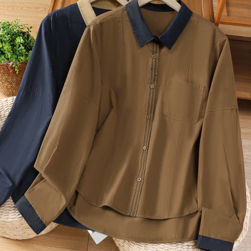 Buddha Stones Lässiges, minimalistisches Langarmshirt für Damen mit Kontrastbesatz und aufgesetzter Tasche – ideal für den Sommer. - image 19