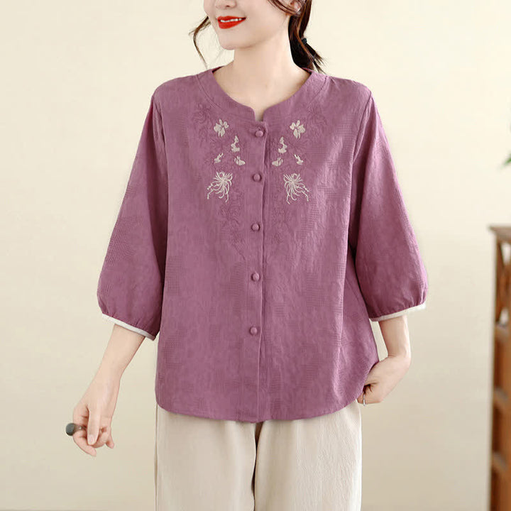 Buddha Stones Sommerliche Vintage-Tang-Style-Damenbluse mit Blumenstickerei und Dreiviertelärmeln - Blassviolettrot - US12, UK/AU16, EU44 (3XL) - image 0