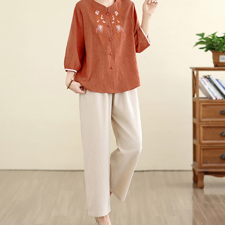 Buddha Stones Sommerliche Vintage-Tang-Style-Damenbluse mit Blumenstickerei und Dreiviertelärmeln - image 14