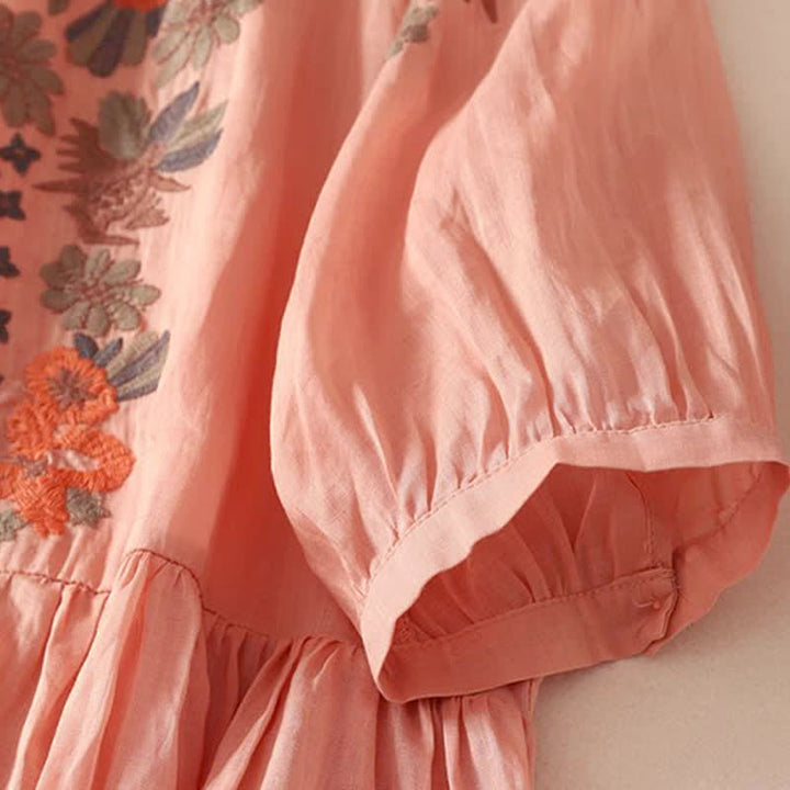 Buddha Stones Sommerkleid im Boho-Stil mit Blumenstickerei und ellbogenlangen Ärmeln für Damen - image 6