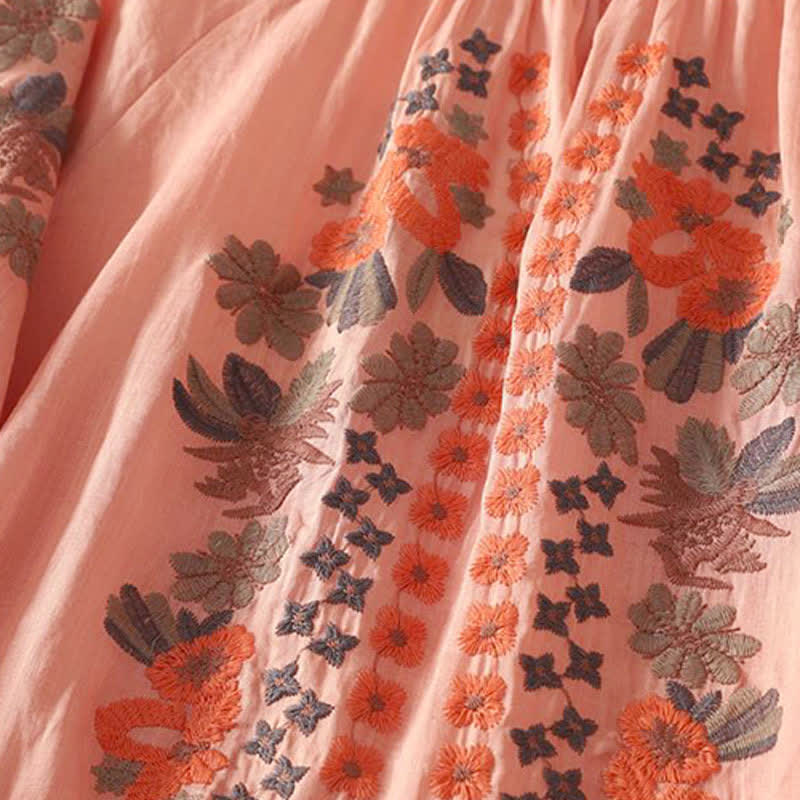 Buddha Stones Sommerkleid im Boho-Stil mit Blumenstickerei und ellbogenlangen Ärmeln für Damen - image 4