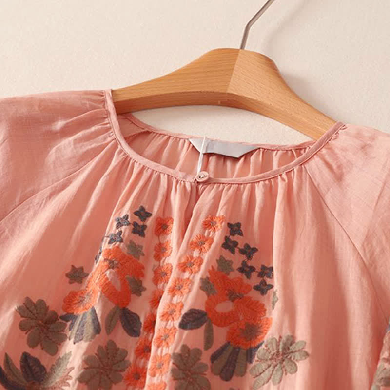 Buddha Stones Sommerkleid im Boho-Stil mit Blumenstickerei und ellbogenlangen Ärmeln für Damen - image 2