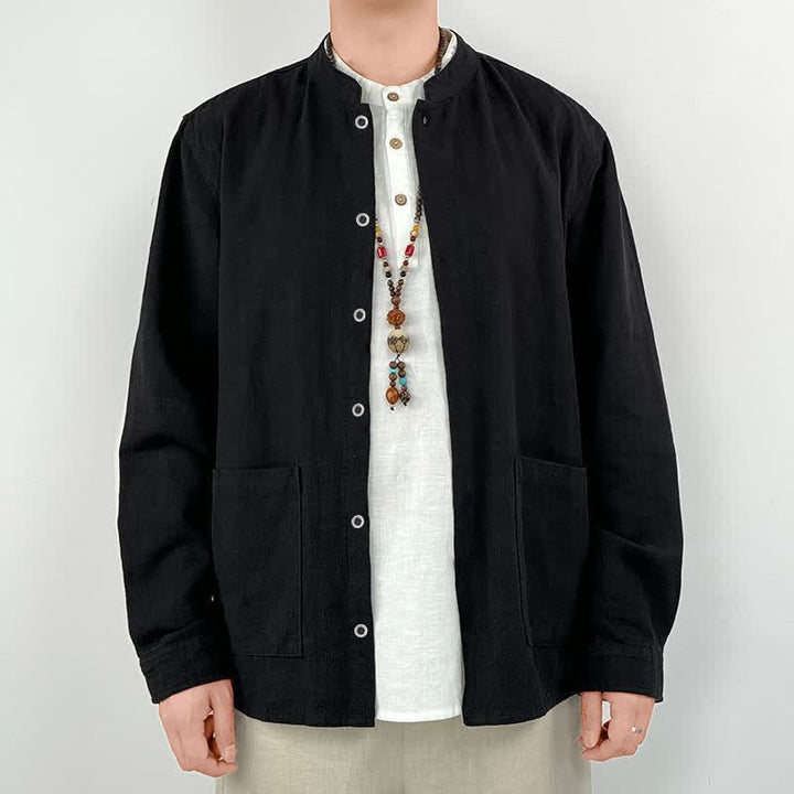 Buddha Stones Lässiges Herrenhemd im Tang-Stil mit Stehkragen und Tasche für Frühling und Sommer - Schwarz - US/UK/AU44, EU54 (4XL) - image 12