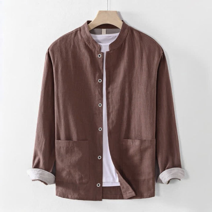 Buddha Stones Lässiges Herrenhemd im Tang-Stil mit Stehkragen und Tasche für Frühling und Sommer - Sienna - US/UK/AU44, EU54 (4XL) - image 0