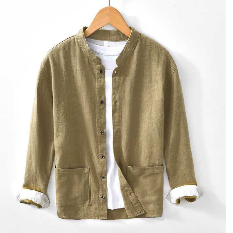 Buddha Stones Lässiges Herrenhemd im Tang-Stil mit Stehkragen und Tasche für Frühling und Sommer - Khaki - US/UK/AU44, EU54 (4XL) - image 13