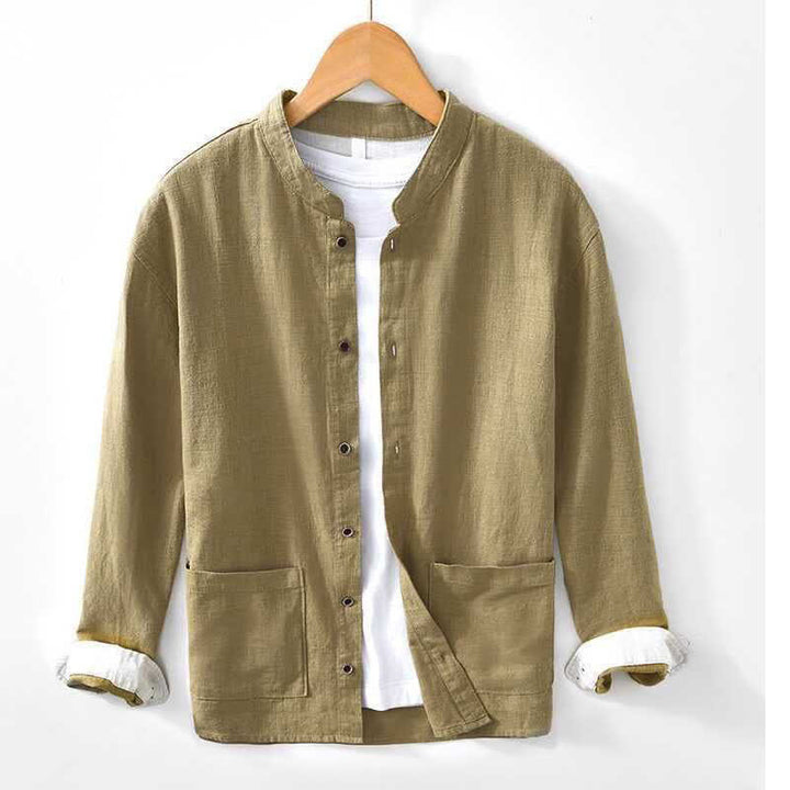 Buddha Stones Lässiges Herrenhemd im Tang-Stil mit Stehkragen und Tasche für Frühling und Sommer - Khaki - US/UK/AU44, EU54 (4XL) - image 13