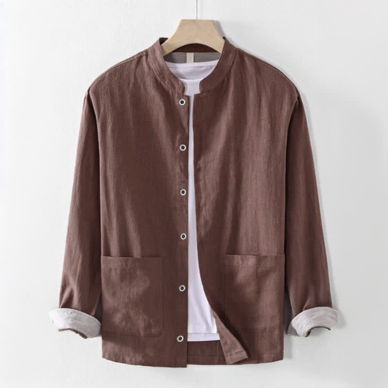 Buddha Stones Lässiges Herrenhemd im Tang-Stil mit Stehkragen und Tasche für Frühling und Sommer - Sienna - US/UK/AU44, EU54 (4XL) - image 0