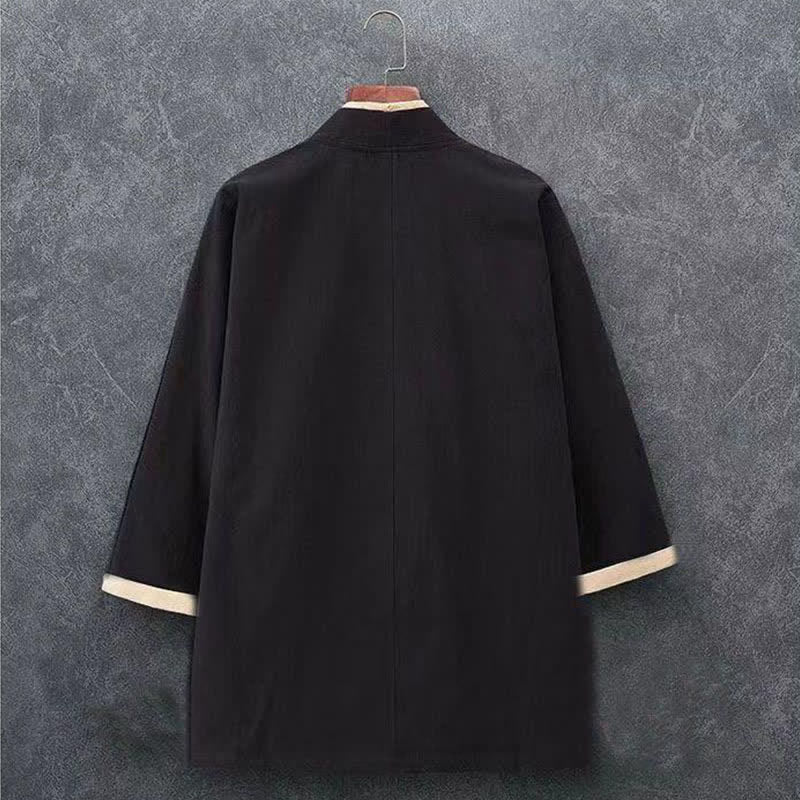 Buddha Stones Minimalistischer, lässiger Kimono für Herren aus einfarbiger Baumwolle mit Dreiviertelärmeln, Knotenverschluss und Knopfleiste für Frühling und Sommer - image 3
