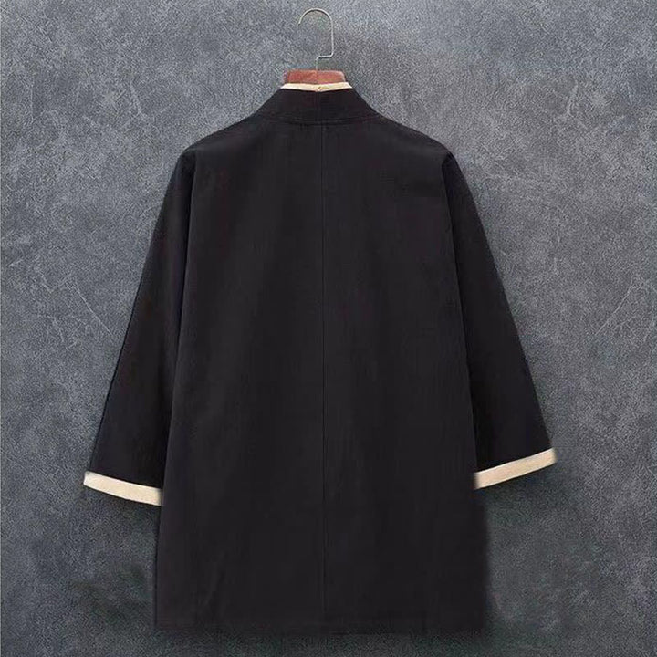 Buddha Stones Minimalistischer, lässiger Kimono für Herren aus einfarbiger Baumwolle mit Dreiviertelärmeln, Knotenverschluss und Knopfleiste für Frühling und Sommer - image 3