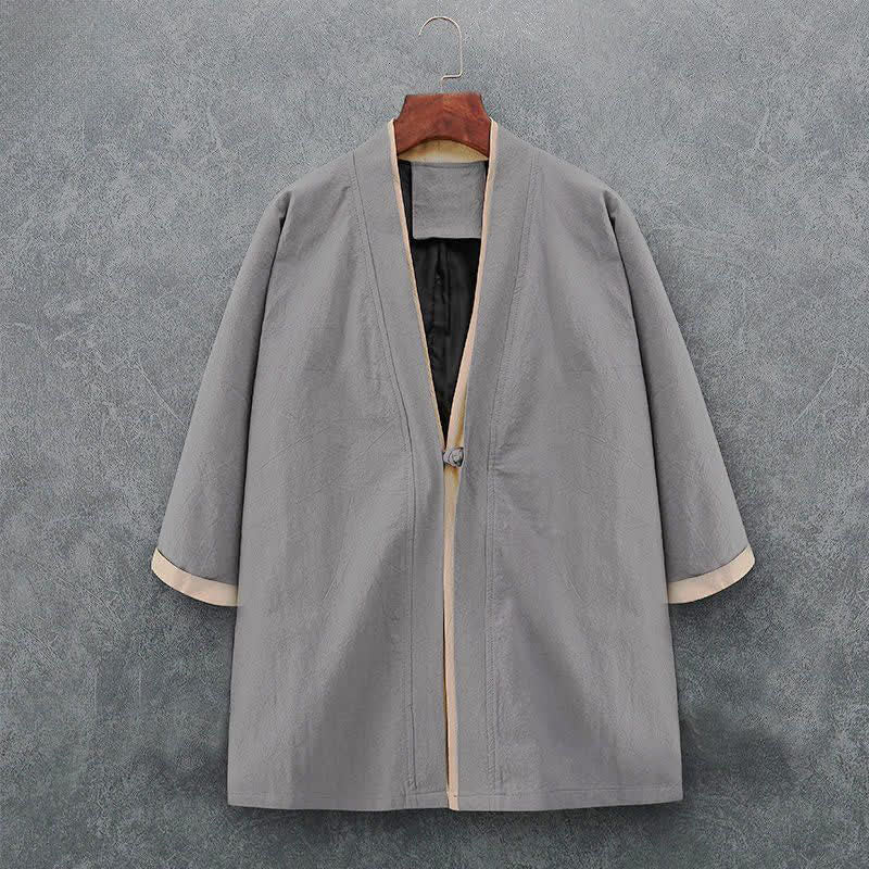 Buddha Stones Minimalistischer, lässiger Kimono für Herren aus einfarbiger Baumwolle mit Dreiviertelärmeln, Knotenverschluss und Knopfleiste für Frühling und Sommer - Hellgrau - US/UK/AU46, EU56 (5XL) - image 8