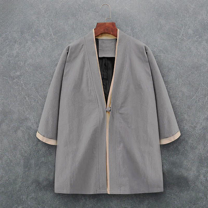 Buddha Stones Minimalistischer, lässiger Kimono für Herren aus einfarbiger Baumwolle mit Dreiviertelärmeln, Knotenverschluss und Knopfleiste für Frühling und Sommer - Hellgrau - US/UK/AU46, EU56 (5XL) - image 8
