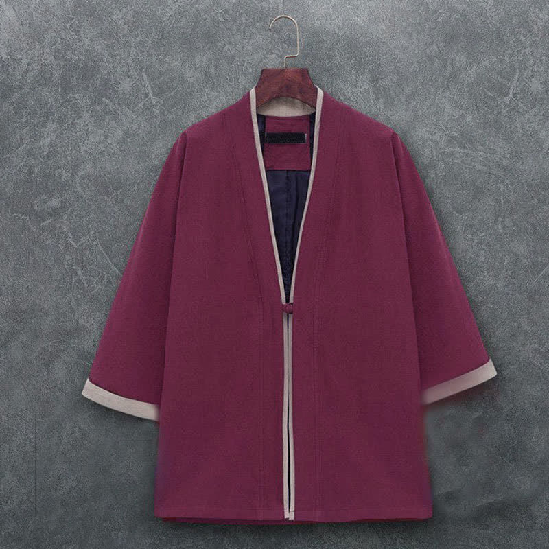 Buddha Stones Minimalistischer, lässiger Kimono für Herren aus einfarbiger Baumwolle mit Dreiviertelärmeln, Knotenverschluss und Knopfleiste für Frühling und Sommer - Kastanienbraun - US/UK/AU46, EU56 (5XL) - image 10