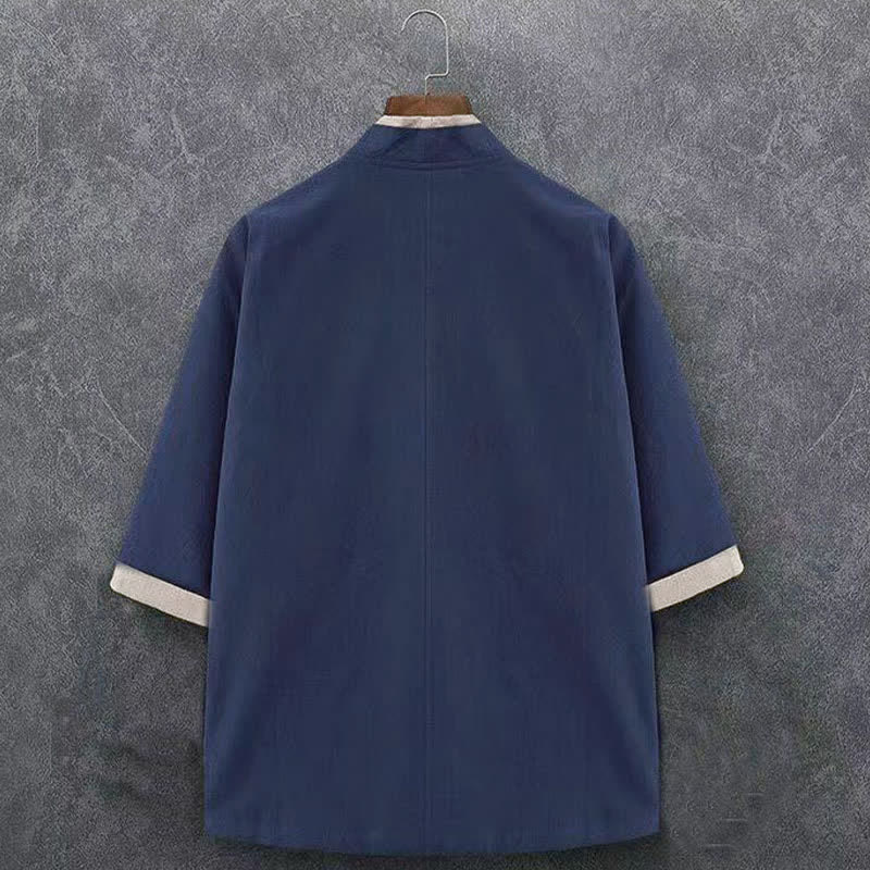 Buddha Stones Minimalistischer, lässiger Kimono für Herren aus einfarbiger Baumwolle mit Dreiviertelärmeln, Knotenverschluss und Knopfleiste für Frühling und Sommer - image 1