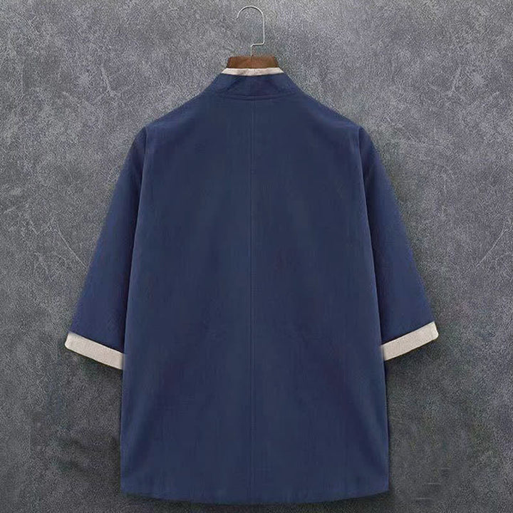 Buddha Stones Minimalistischer, lässiger Kimono für Herren aus einfarbiger Baumwolle mit Dreiviertelärmeln, Knotenverschluss und Knopfleiste für Frühling und Sommer - image 1