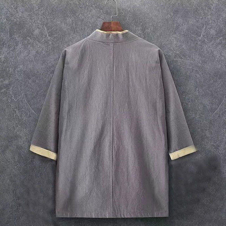 Buddha Stones Minimalistischer, lässiger Kimono für Herren aus einfarbiger Baumwolle mit Dreiviertelärmeln, Knotenverschluss und Knopfleiste für Frühling und Sommer - image 9