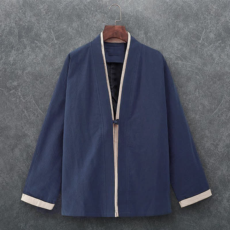 Buddha Stones Minimalistischer, lässiger Kimono für Herren aus einfarbiger Baumwolle mit Dreiviertelärmeln, Knotenverschluss und Knopfleiste für Frühling und Sommer - Marine - US/UK/AU46, EU56 (5XL) - image 0
