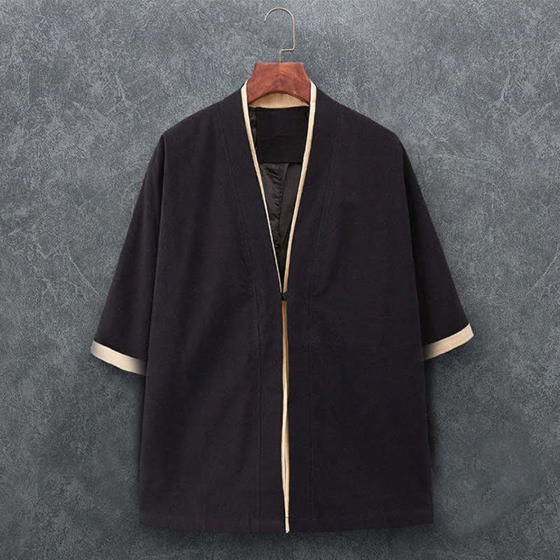 Buddha Stones Minimalistischer, lässiger Kimono für Herren aus einfarbiger Baumwolle mit Dreiviertelärmeln, Knotenverschluss und Knopfleiste für Frühling und Sommer - Schwarz - US/UK/AU46, EU56 (5XL) - image 2