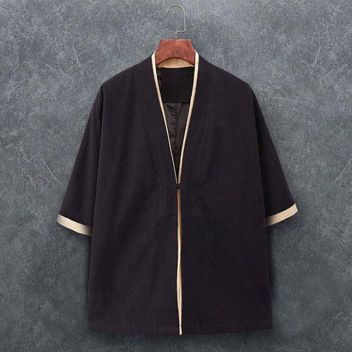 Buddha Stones Minimalistischer, lässiger Kimono für Herren aus einfarbiger Baumwolle mit Dreiviertelärmeln, Knotenverschluss und Knopfleiste für Frühling und Sommer - Schwarz - US/UK/AU46, EU56 (5XL) - image 2