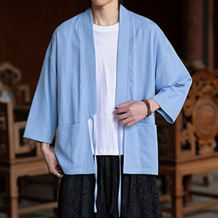 Buddha Stones Lässiger, minimalistischer Kimono für Herren mit Kordelzug, Dreiviertelärmeln und Tasche für Frühling/Sommer - image 17