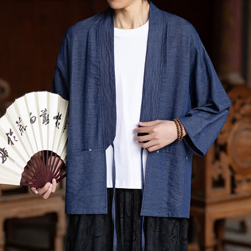 Buddha Stones Lässiger, minimalistischer Kimono für Herren mit Kordelzug, Dreiviertelärmeln und Tasche für Frühling/Sommer - image 1