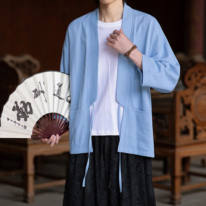 Buddha Stones Lässiger, minimalistischer Kimono für Herren mit Kordelzug, Dreiviertelärmeln und Tasche für Frühling/Sommer - image 10