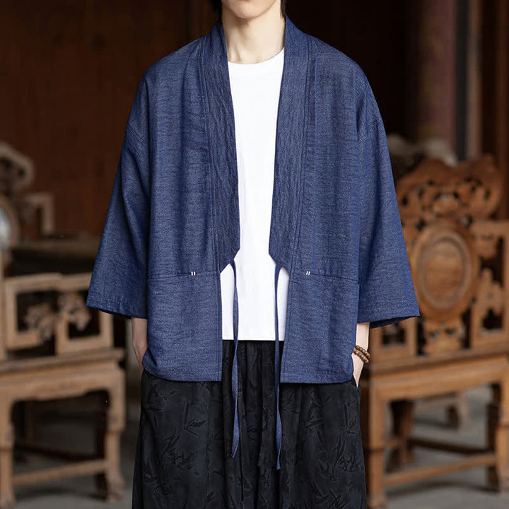 Buddha Stones Lässiger, minimalistischer Kimono für Herren mit Kordelzug, Dreiviertelärmeln und Tasche für Frühling/Sommer - Dunkelschieferblau - US/UK/AU46, EU56 (5XL) - image 0