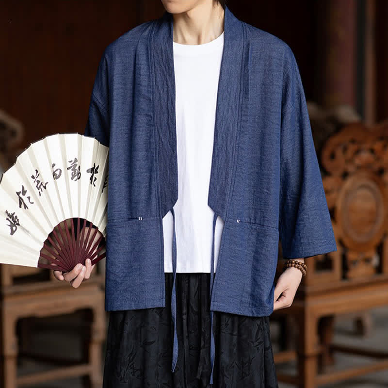Buddha Stones Lässiger, minimalistischer Kimono für Herren mit Kordelzug, Dreiviertelärmeln und Tasche für Frühling/Sommer - image 5