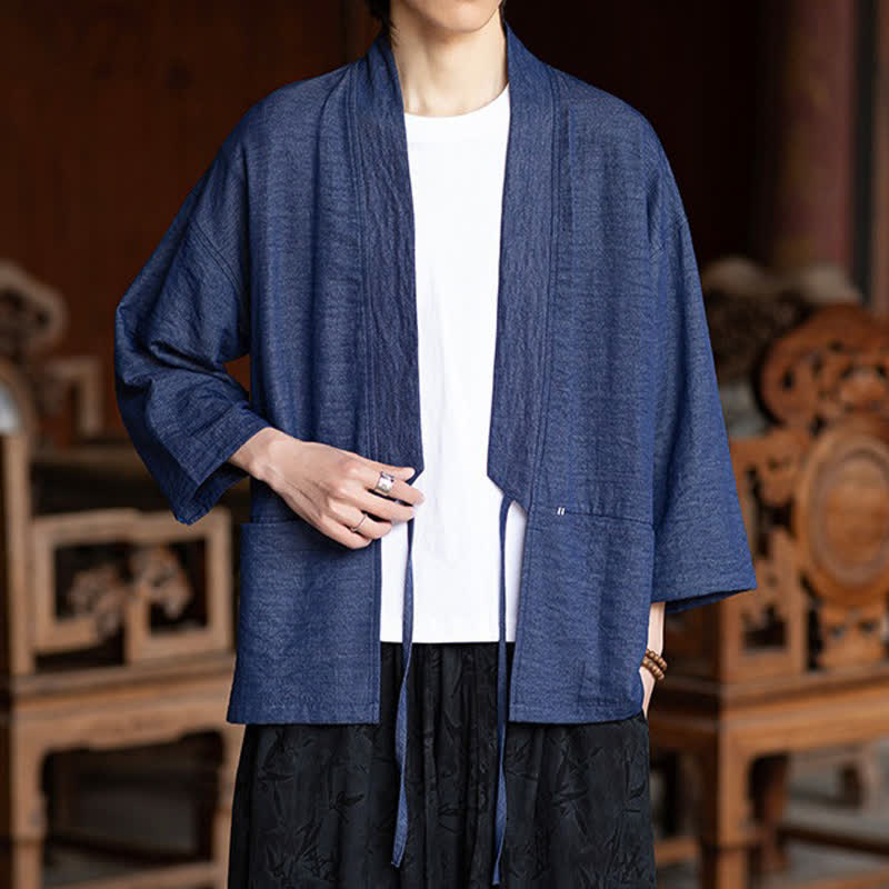 Buddha Stones Lässiger, minimalistischer Kimono für Herren mit Kordelzug, Dreiviertelärmeln und Tasche für Frühling/Sommer - image 2