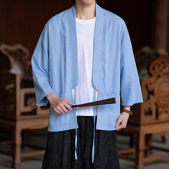 Buddha Stones Lässiger, minimalistischer Kimono für Herren mit Kordelzug, Dreiviertelärmeln und Tasche für Frühling/Sommer - image 15
