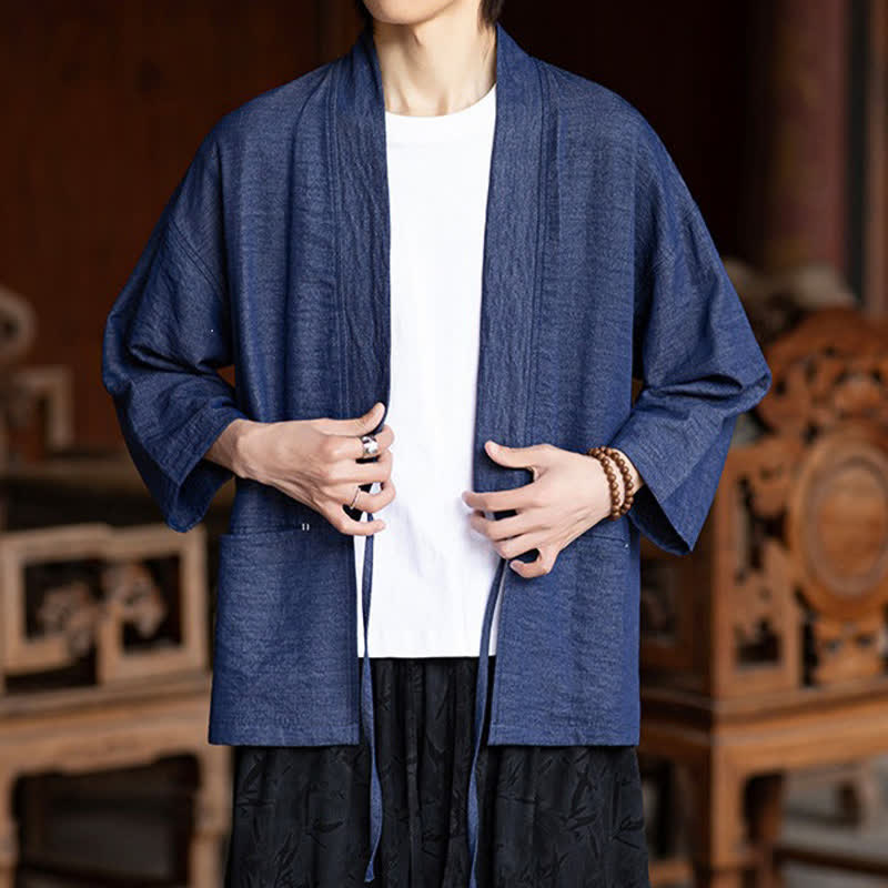 Buddha Stones Lässiger, minimalistischer Kimono für Herren mit Kordelzug, Dreiviertelärmeln und Tasche für Frühling/Sommer - image 7