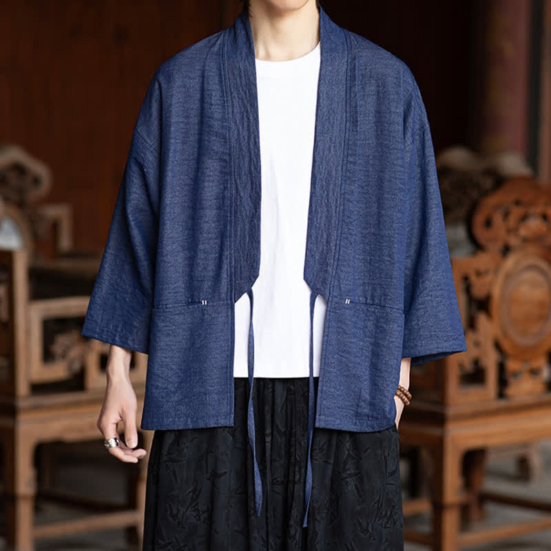 Buddha Stones Lässiger, minimalistischer Kimono für Herren mit Kordelzug, Dreiviertelärmeln und Tasche für Frühling/Sommer - image 4