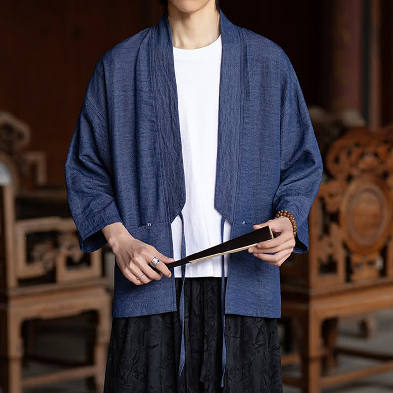 Buddha Stones Lässiger, minimalistischer Kimono für Herren mit Kordelzug, Dreiviertelärmeln und Tasche für Frühling/Sommer - image 6