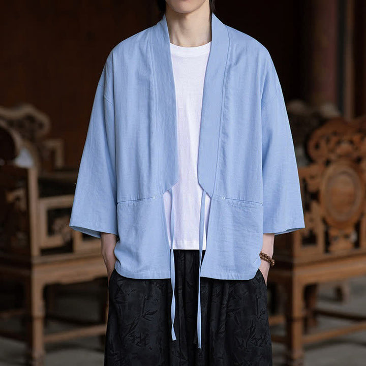 Buddha Stones Lässiger, minimalistischer Kimono für Herren mit Kordelzug, Dreiviertelärmeln und Tasche für Frühling/Sommer - Hellblau - US/UK/AU46, EU56 (5XL) - image 9