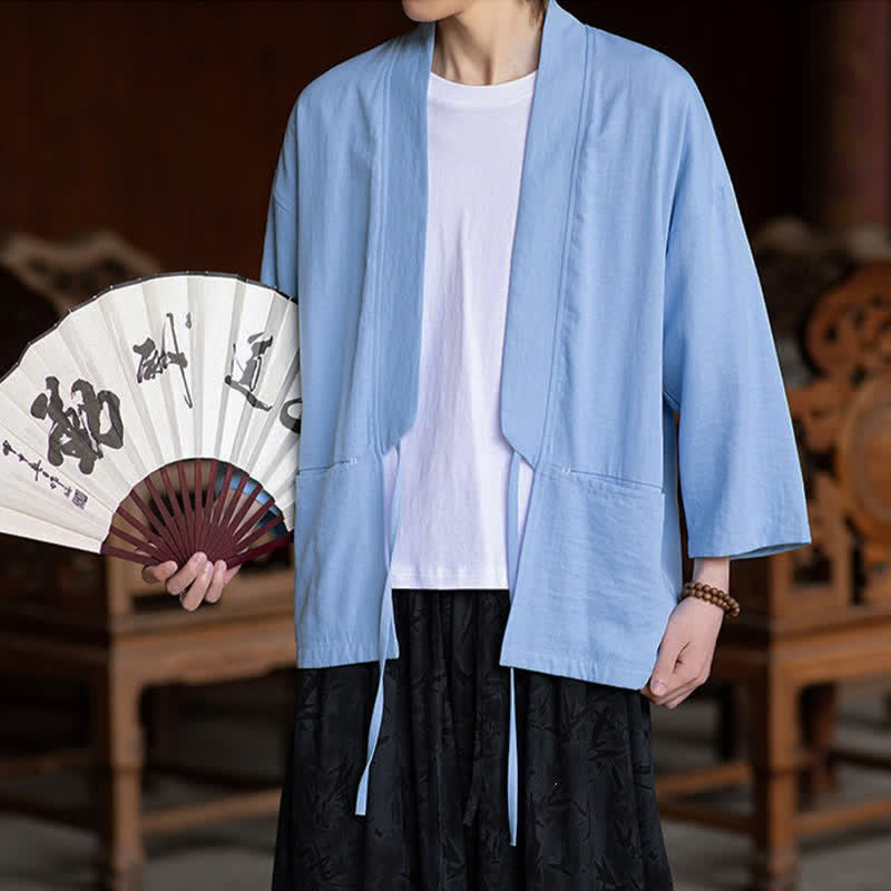 Buddha Stones Lässiger, minimalistischer Kimono für Herren mit Kordelzug, Dreiviertelärmeln und Tasche für Frühling/Sommer - image 13