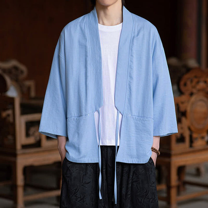 Buddha Stones Lässiger, minimalistischer Kimono für Herren mit Kordelzug, Dreiviertelärmeln und Tasche für Frühling/Sommer - image 11