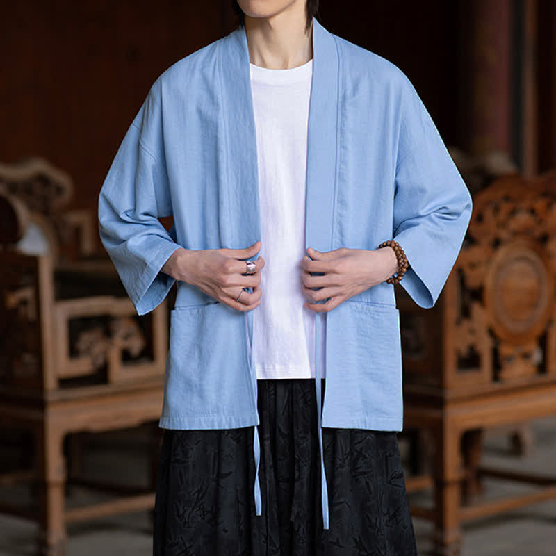 Buddha Stones Lässiger, minimalistischer Kimono für Herren mit Kordelzug, Dreiviertelärmeln und Tasche für Frühling/Sommer - image 14