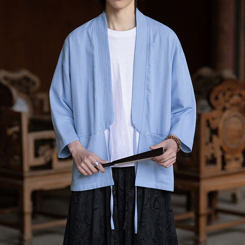 Buddha Stones Lässiger, minimalistischer Kimono für Herren mit Kordelzug, Dreiviertelärmeln und Tasche für Frühling/Sommer - image 12