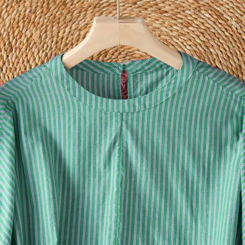 Buddha Stones Lässiges, minimalistisches Damen-Langarmshirt mit grünen Streifen und Rundhalsausschnitt für den Frühling - image 3