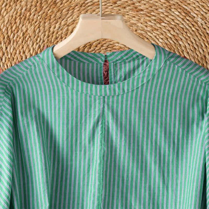 Buddha Stones Lässiges, minimalistisches Damen-Langarmshirt mit grünen Streifen und Rundhalsausschnitt für den Frühling - image 3