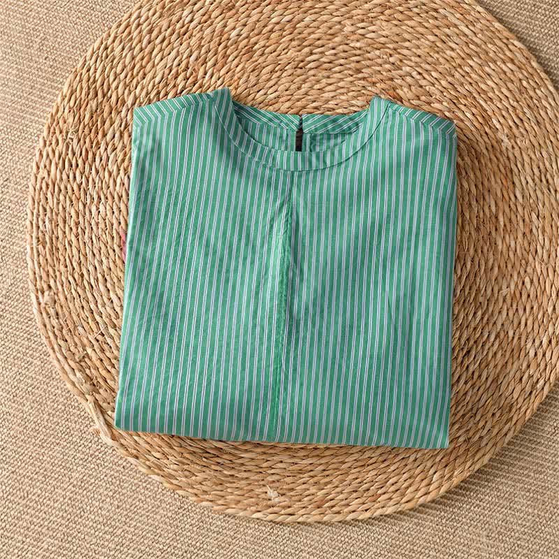 Buddha Stones Lässiges, minimalistisches Damen-Langarmshirt mit grünen Streifen und Rundhalsausschnitt für den Frühling - image 2