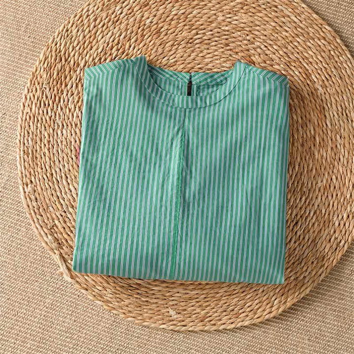 Buddha Stones Lässiges, minimalistisches Damen-Langarmshirt mit grünen Streifen und Rundhalsausschnitt für den Frühling - image 2