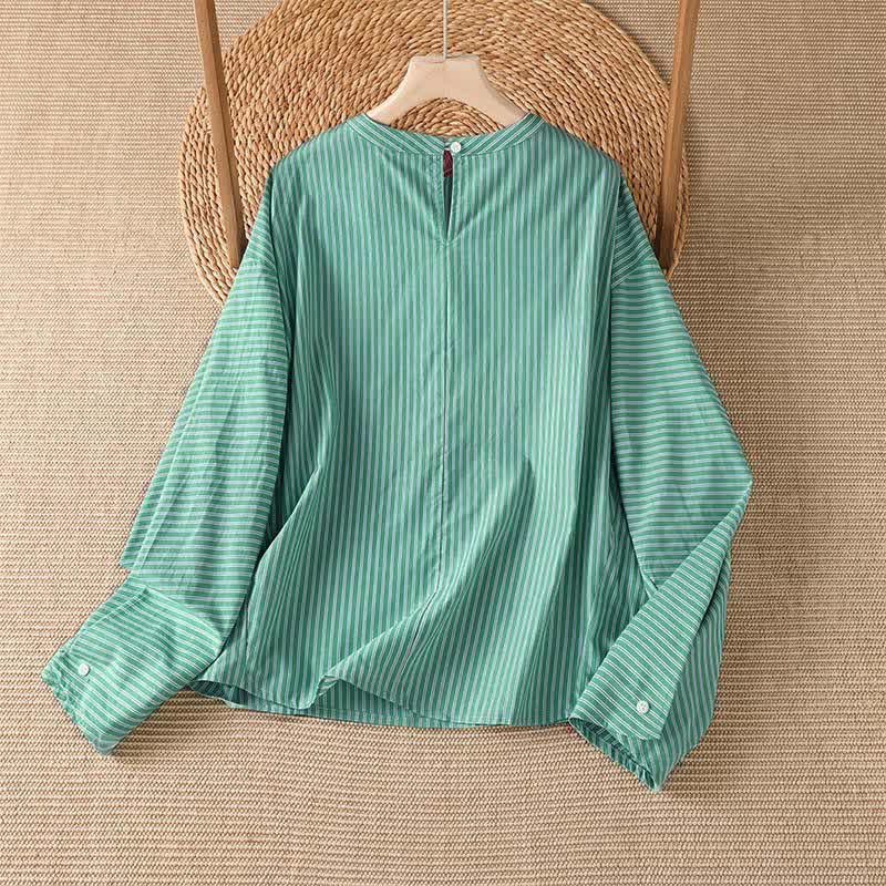 Buddha Stones Lässiges, minimalistisches Damen-Langarmshirt mit grünen Streifen und Rundhalsausschnitt für den Frühling - image 1