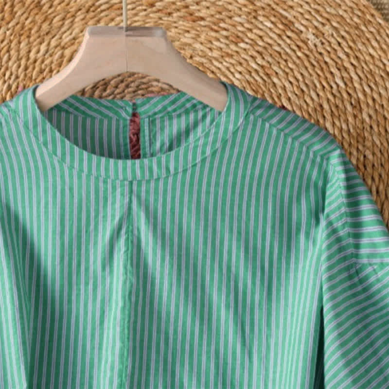 Buddha Stones Lässiges, minimalistisches Damen-Langarmshirt mit grünen Streifen und Rundhalsausschnitt für den Frühling - image 5