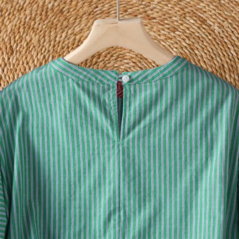 Buddha Stones Lässiges, minimalistisches Damen-Langarmshirt mit grünen Streifen und Rundhalsausschnitt für den Frühling - image 4
