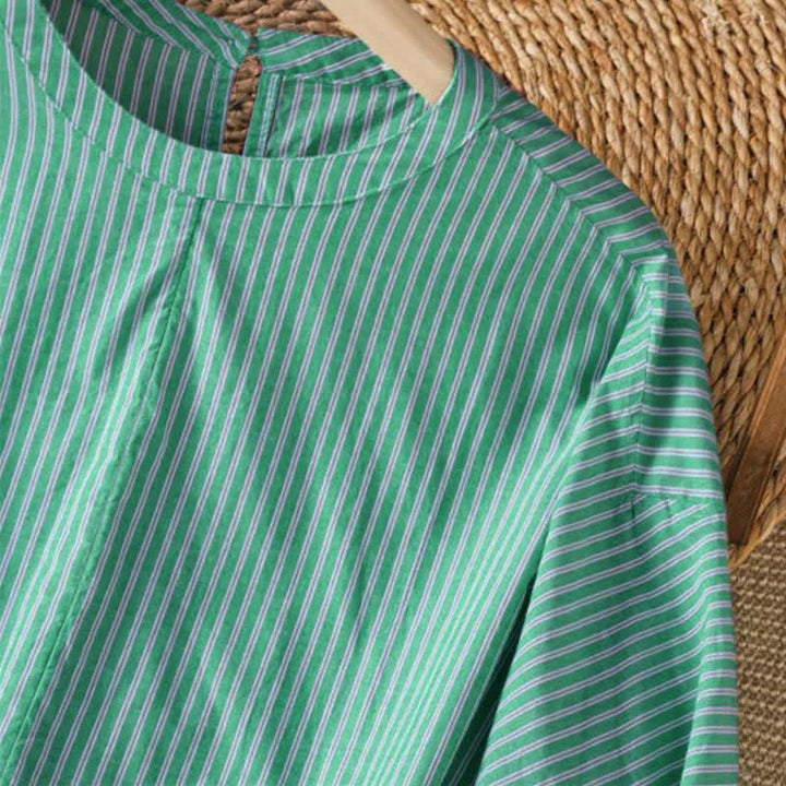 Buddha Stones Lässiges, minimalistisches Damen-Langarmshirt mit grünen Streifen und Rundhalsausschnitt für den Frühling - image 6