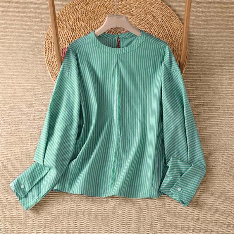 Buddha Stones Lässiges, minimalistisches Damen-Langarmshirt mit grünen Streifen und Rundhalsausschnitt für den Frühling - Mittel-Aquamarin - US14, UK/AU18, EU46 (2XL) - image 0