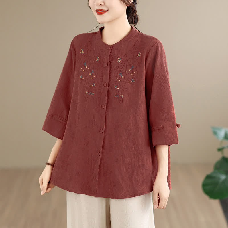 Buddha Stones Frühling/Sommer Vintage Tang Stil Stickerei Stehkragen Blumenmuster Langarmblusen für Damen mit Stickerei, Stehkragen und Blumenmuster - Sienna - US12, UK/AU16, EU44 (3XL) - image 0