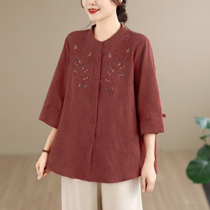 Buddha Stones Frühling/Sommer Vintage Tang Stil Stickerei Stehkragen Blumenmuster Langarmblusen für Damen mit Stickerei, Stehkragen und Blumenmuster - Sienna - US12, UK/AU16, EU44 (3XL) - image 0